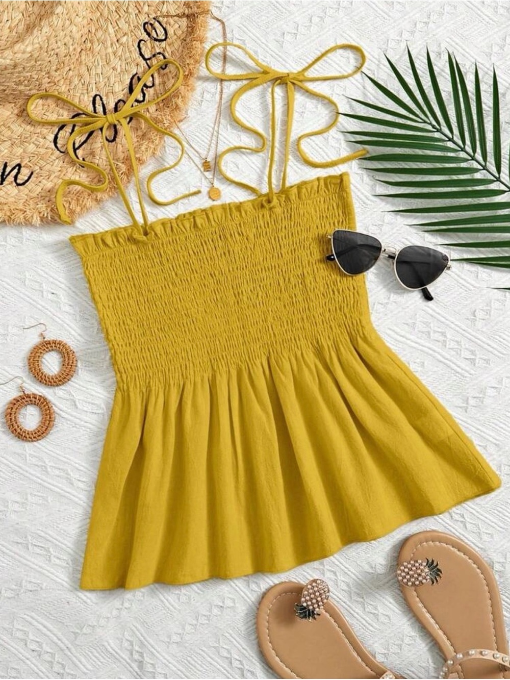 Smocked Tie-Strap Peplum Tank Top - Mustard